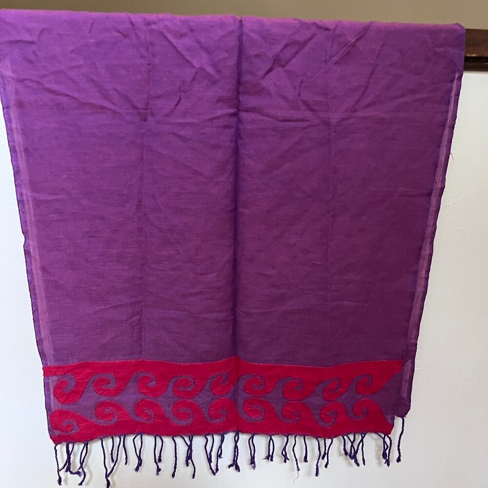 NWOT artisan folk art purple and red scarf
